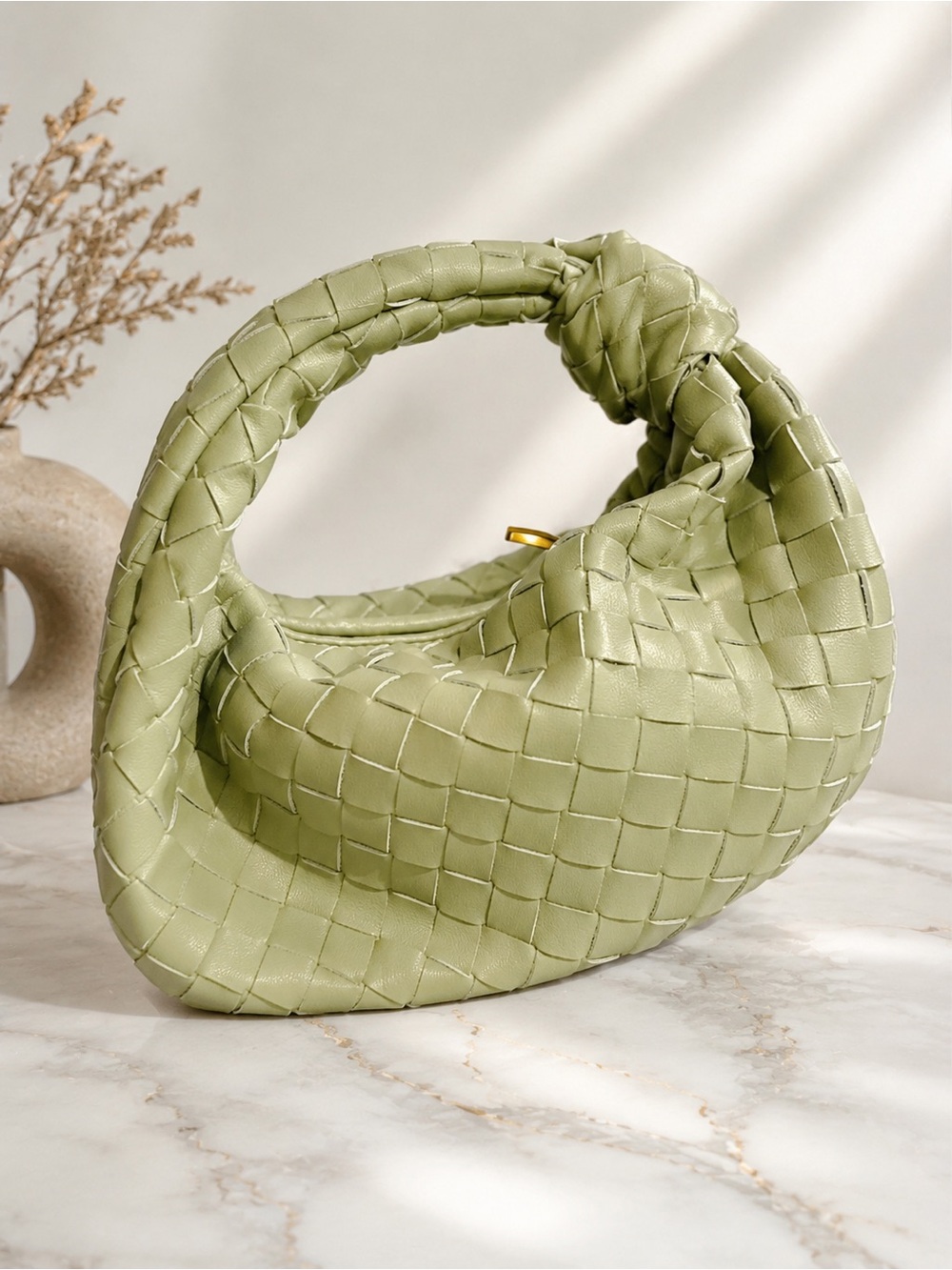 Viral Woven Knot Handle Mini Hobo Bag Sage Green Intrecciato Style